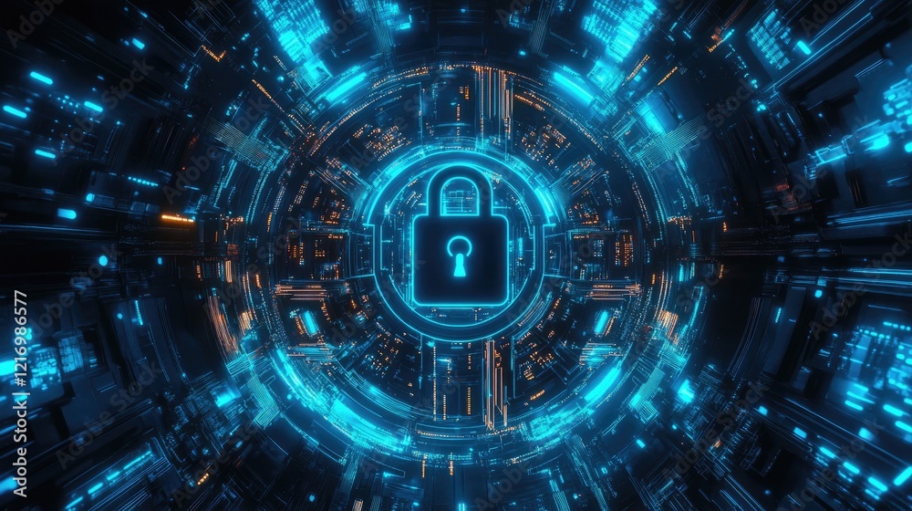 Fototapeta premium Cybersecurity: Glowing Blue Digital Lock in Futuristic Circuitry