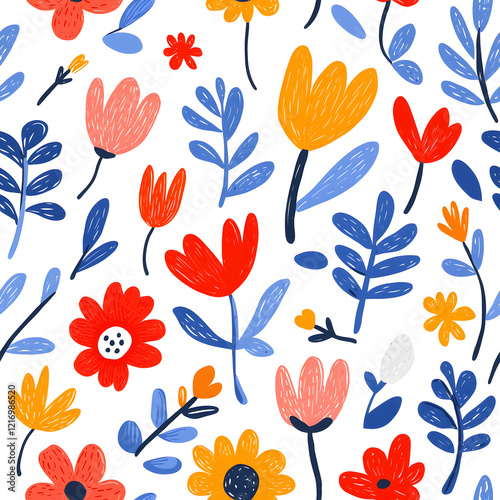 Folk art inspired hand-drawn seamless pattern with flowers, on white background