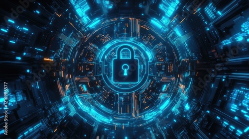 Cybersecurity: Glowing Blue Digital Lock in Futuristic Circuitry