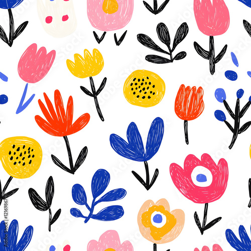 Folk art inspired hand-drawn seamless pattern with flowers, on white background