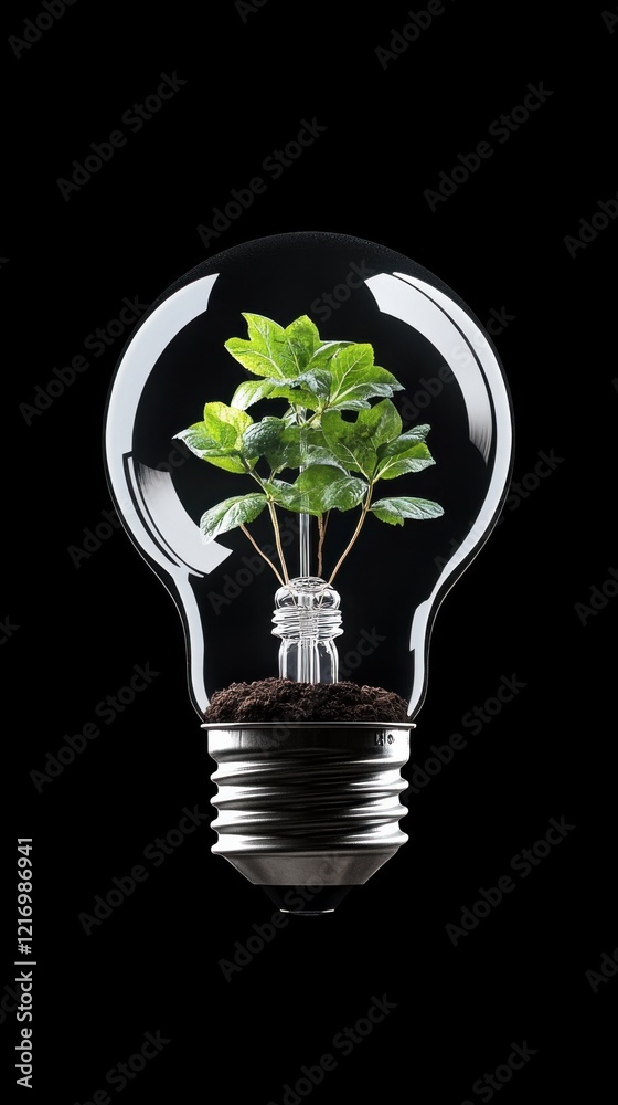 A light bulb containing a small plant symbolizes sustainable energy and ecological innovation against a black background. A light bulb containing a small plant symbolizes sustainable energy and ecological innovation against a black background.