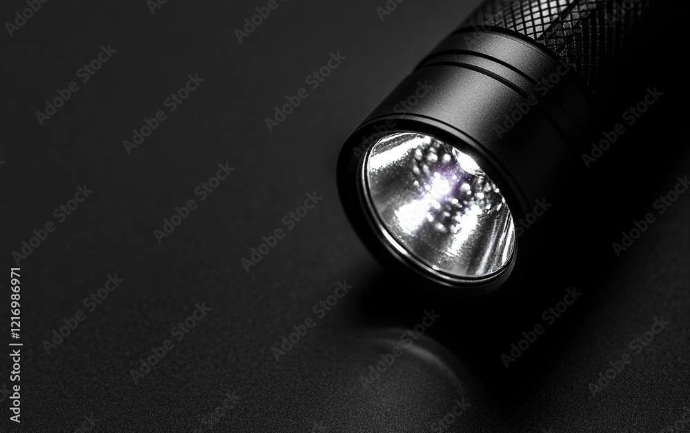 Close-up of a small flashlight against a black and white background, top view. Stock photo contest winner, high-resolution image, high definition. Close-up of a small flashlight against a black and white background, top view. Stock photo contest winner, high-resolution image, high definition.