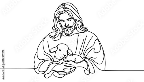 Jesus Christ holding a lamb in minimalist style one line drawing