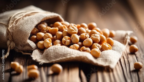 Chickpeas in linen bag. Close up. 