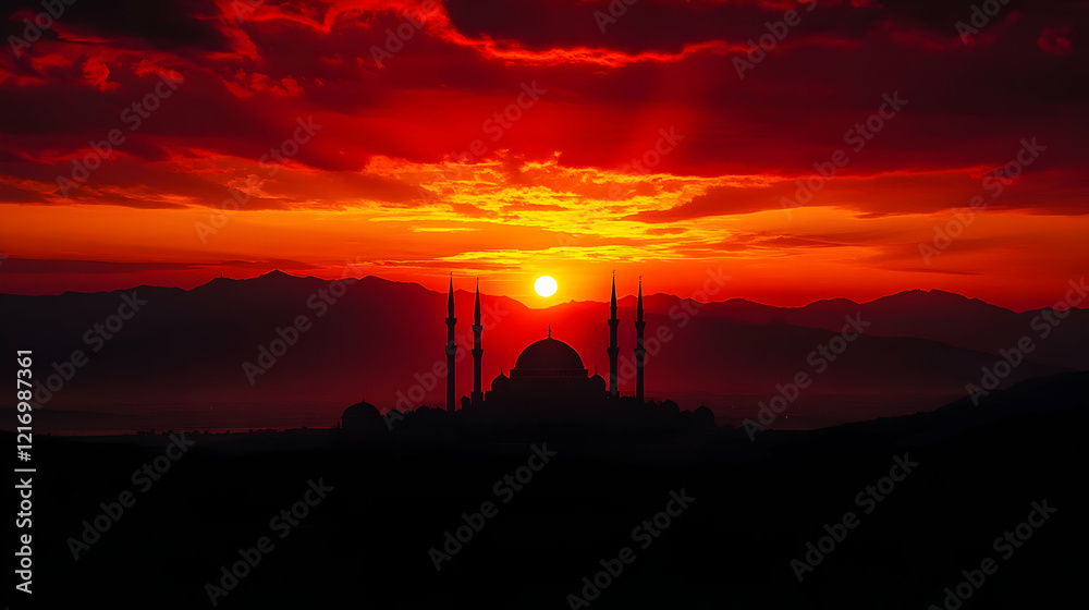 Fiery Sunrise Mosque Silhouette, Mountains Fiery Sunrise Mosque Silhouette, Mountains