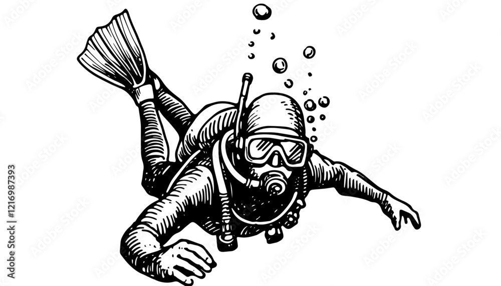black and white illustration of a scuba diver underwater