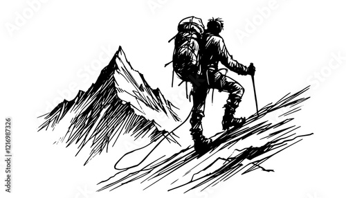 mountaineer climbing a mountain expressive grunge sketch
