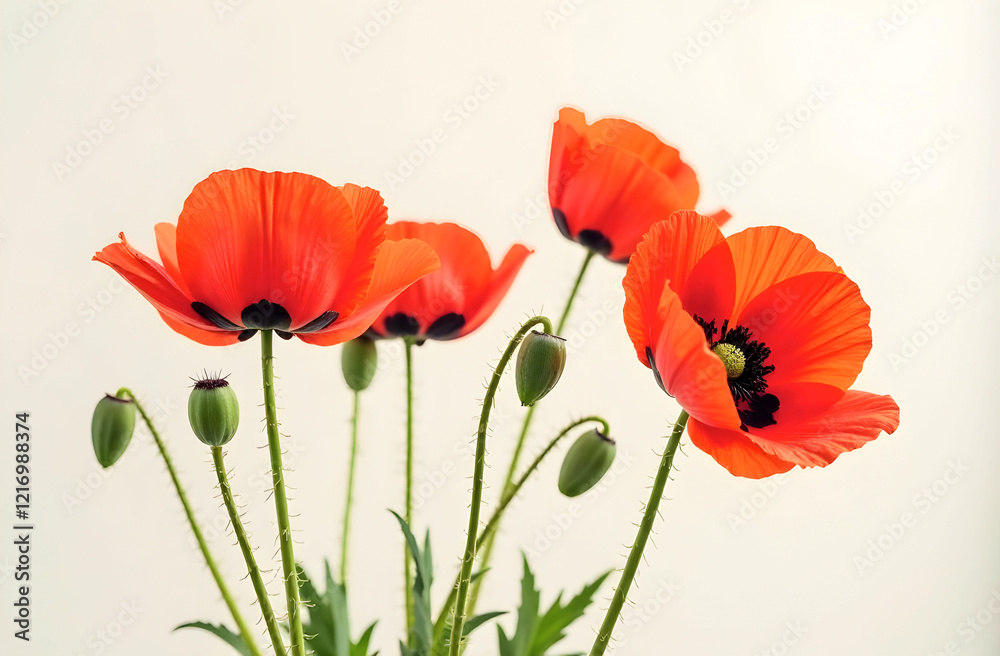 Naklejka premium Vibrant red poppies in full bloom with delicate petals and green stems standing tall against a neutral background ideal for floral decor and botanical inspiration. Selective focus