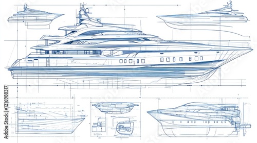 Technical drawing of a luxury yacht design showcasing various views and dimensions.