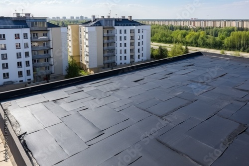 Waterproofing flat roof with roofing felt and bitumen, covering housetop with membrane photo