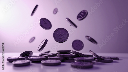 Mesmerizing Purple Coins Levitating in Air, Symbolizing Wealth and Prosperity for Financial Marketing and Advertising photo