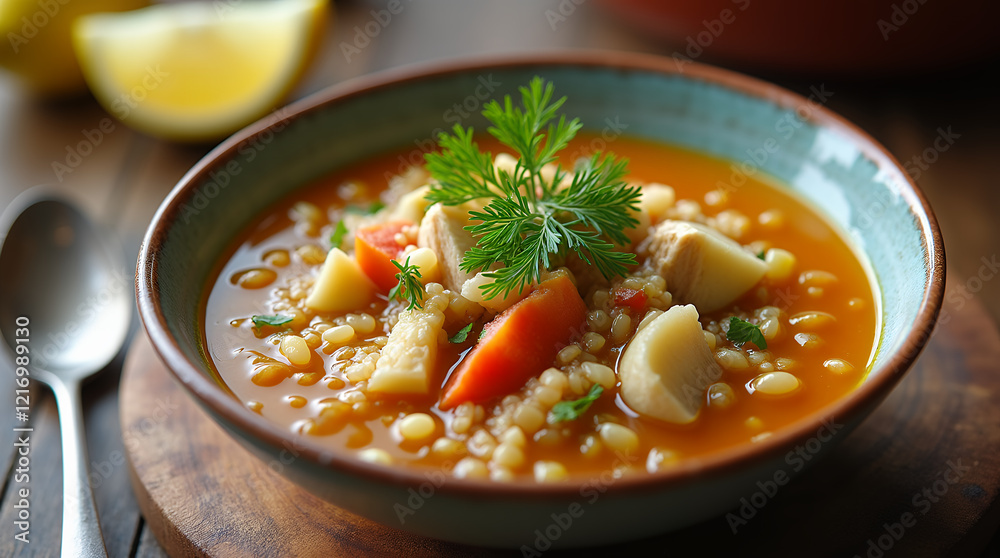 quinoa soup with vegetables and chicken, garnished with fresh dill quinoa soup with vegetables and chicken, garnished with fresh dill