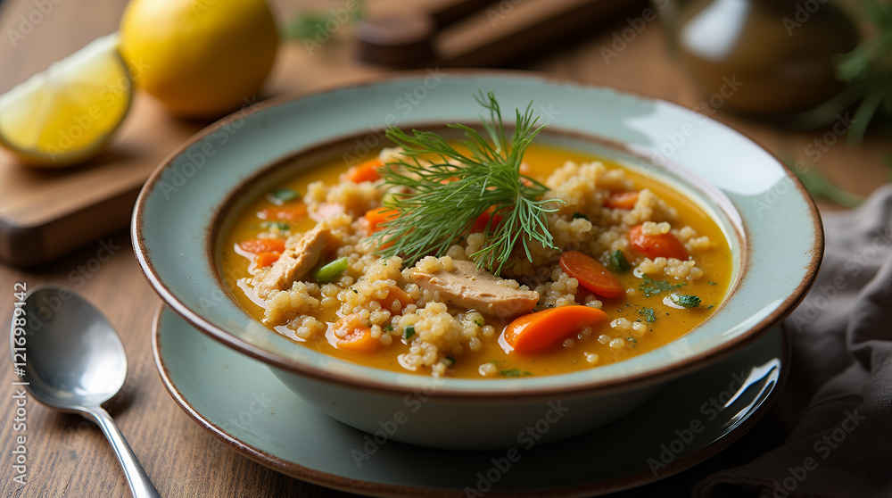 quinoa soup with vegetables and chicken, garnished with fresh dill quinoa soup with vegetables and chicken, garnished with fresh dill