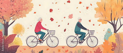 Active senior couple riding bicycles together in a park, smiling and enjoying their time outdoors  -