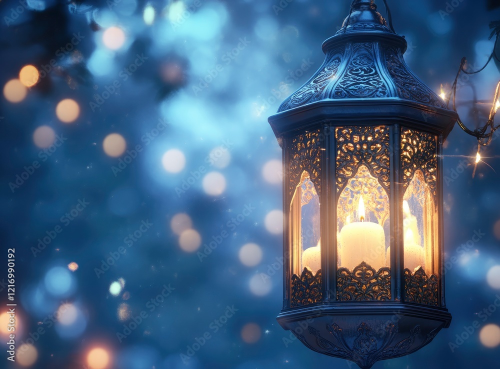 A beautiful, ornate Arabic lantern glowing softly with candlelight against the dark blue background of the night sky, A beautiful, ornate Arabic lantern glowing softly with candlelight against the dark blue background of the night sky,