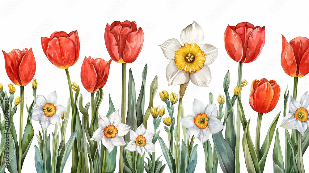 Fototapeta premium Red tulips and white daffodils on a bright spring day