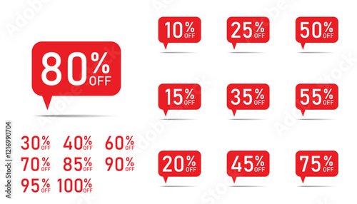 Different discount price 10, 20, 25, 30, 40, 50, 60, 70, 80. all the percent discount symbol. percentage sale tag speech bubble. special offer sale red tag