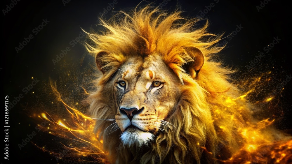 Fototapeta premium Majestic Lion King Abstract Double Exposure - Black Background Stock Photo