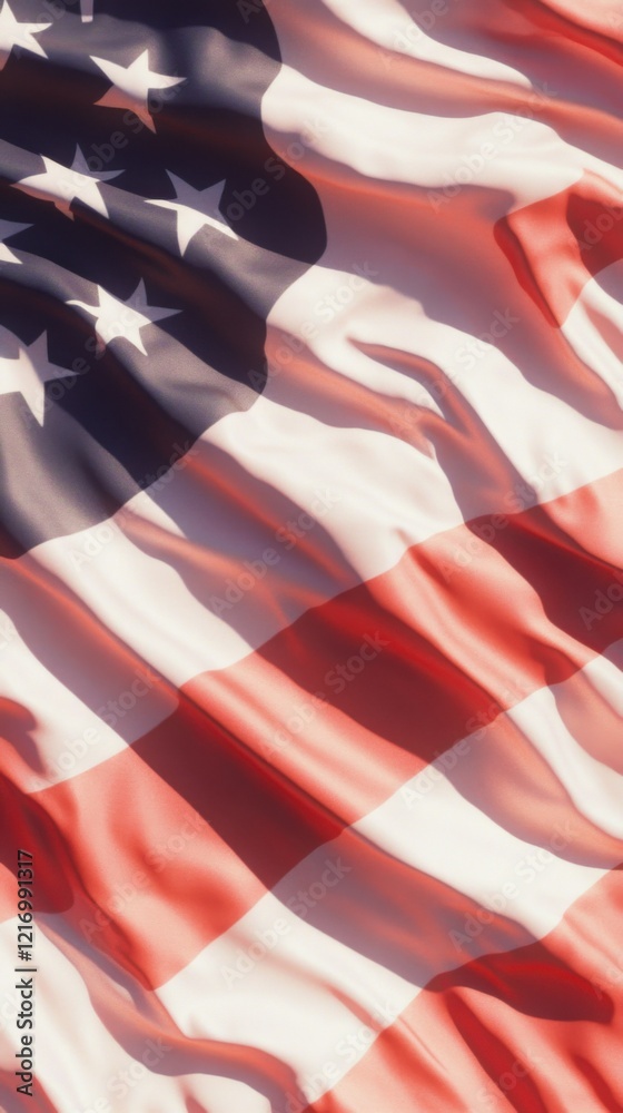 Naklejka premium A cinematic still of the American flag featuring vibrant red, white, and blue colors. The flag waves gracefully, symbolizing patriotism and national pride.