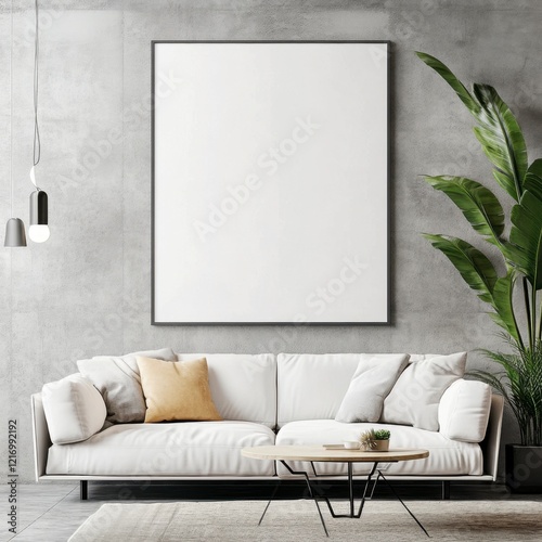 Modern Living Room Design with Empty Frame and Indoor Plant