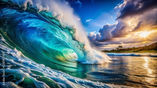 Majestic Ocean Wave Crashing, White Text Space,  Abstract Coastal Art Design Stock Photo