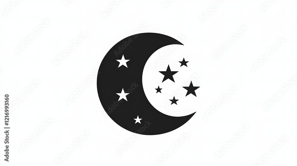 Crescent Moon and Stars: Night Sky Design, Celestial Art, Symbol of Dreams, Peaceful Sleep, Tranquil Night, Graphic Design Elements, Starry Night Illustration, Simple Moon Icon. Crescent Moon and Stars: Night Sky Design, Celestial Art, Symbol of Dreams, Peaceful Sleep, Tranquil Night, Graphic Design Elements, Starry Night Illustration, Simple Moon Icon.
