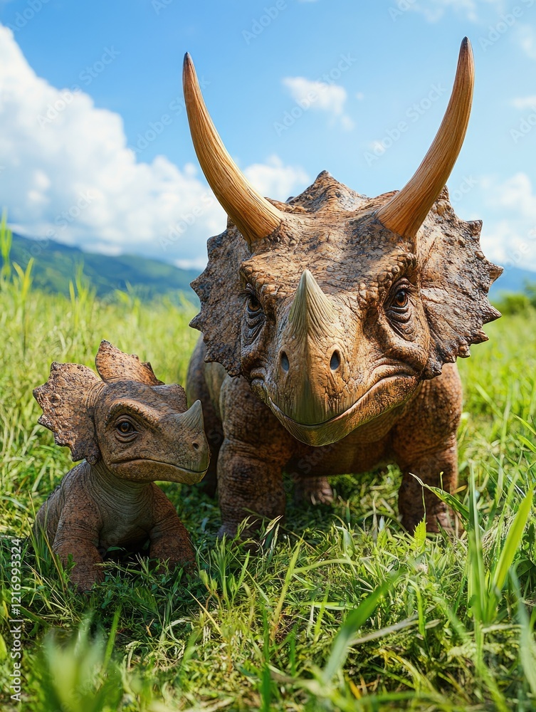 Fototapeta premium Triceratops statues, hilltop, sunny day, family scene, nature backdrop, garden decor