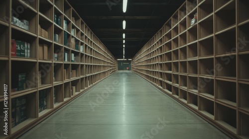 Long corridor lined with wooden shelves filled with books, leading to a distant door in a library photo