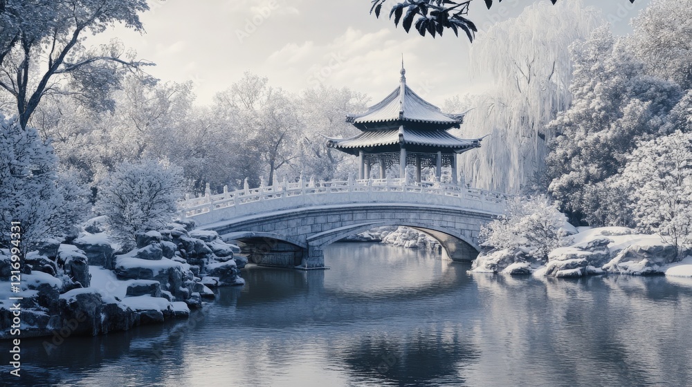 Obraz premium Sculptured 3D models showcasing ancient Chinese architecture and stone arch bridges, pavilions, and imperial palaces