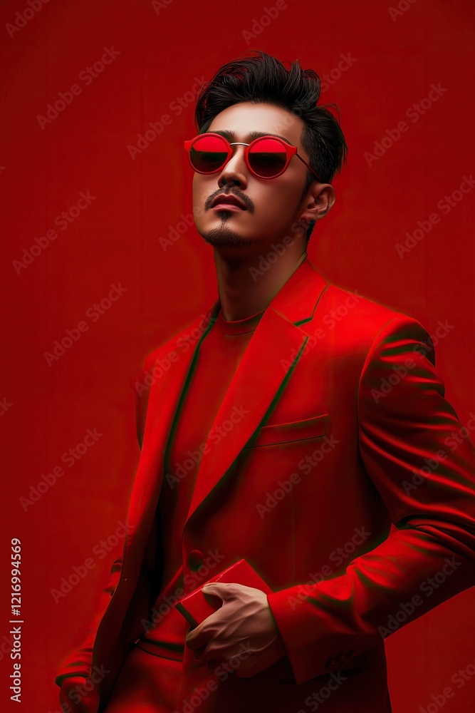 Obraz premium Confident Man Wearing Circular Sunglasses In Red Suit
