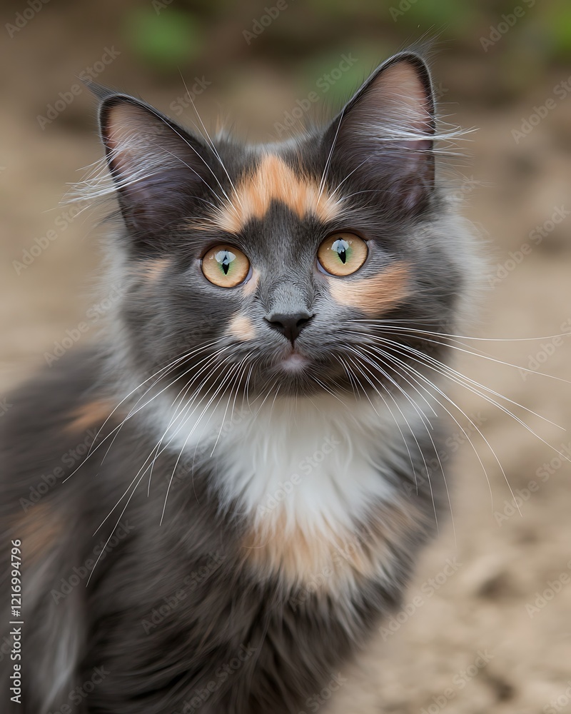 Close-up portrait of a calico cat with curious expression. Close-up portrait of a calico cat with curious expression.
