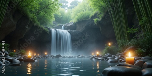 Serene Waterfall Pool  Bamboo Forest  Candles  Zen Garden  Nature Relaxation
