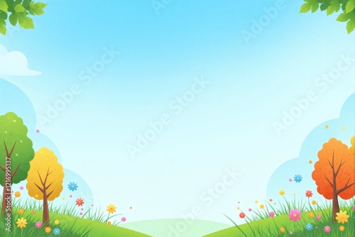 Spring Landscape  Colorful Trees  Flowers  Sky  Meadow  Nature Background