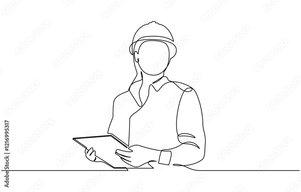 Continuous one line art drawing of female civil engineer vector illustration, Female construction worker. Continuous line style. Hand drawn. One line. Vector design. illustration. Continuous one line art drawing of female civil engineer vector illustration, Female construction worker. Continuous line style. Hand drawn. One line. Vector design. illustration.