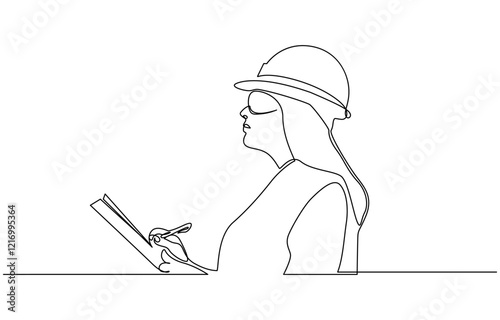 Continuous one line art drawing of female civil engineer vector illustration, Female construction worker. Continuous line style. Hand drawn. One line. Vector design. illustration.