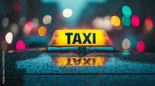Taxi cab sign illuminated on rainy night with city lights blurred in background