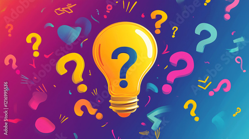 Light bulb surrounded by colorful question marks, symbolizing creativity and ideas, on a gradient background.