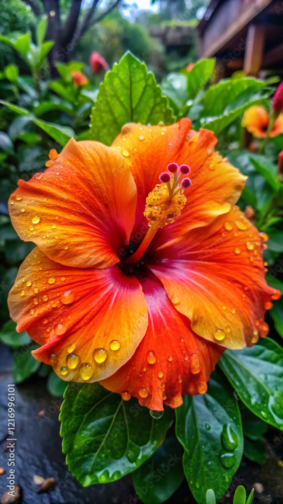 A bright hibiscus with slightly wavy petals in neon red and orange, resembling flames A bright hibiscus with slightly wavy petals in neon red and orange, resembling flames