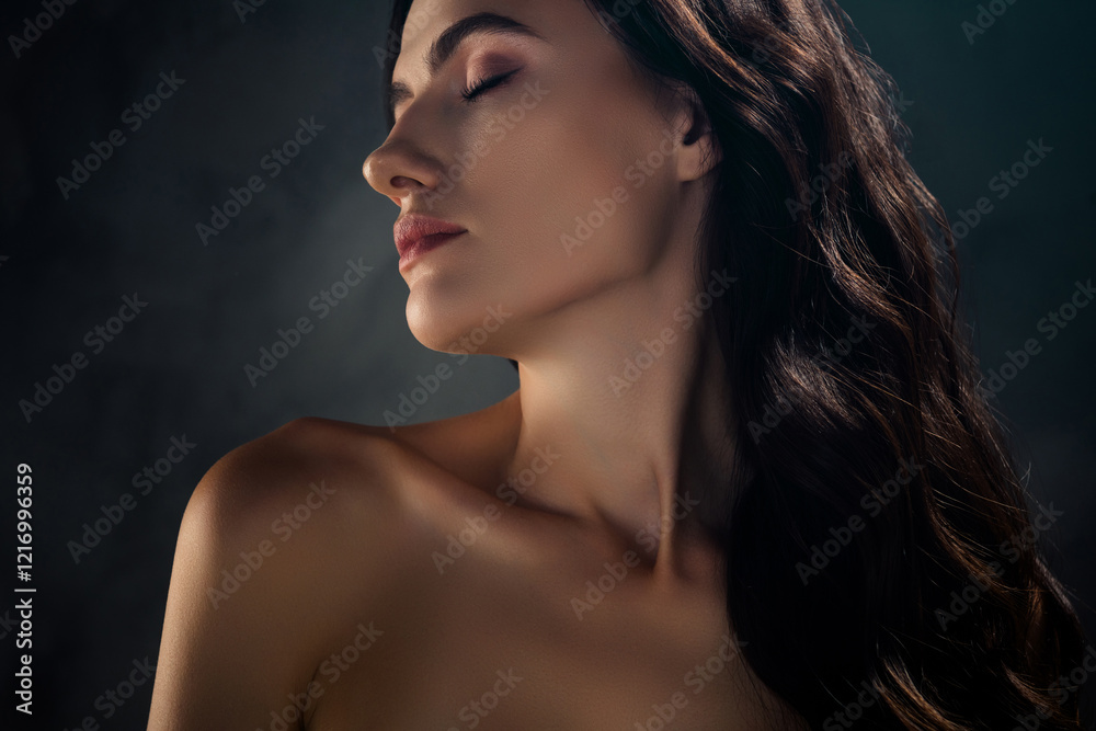 Fototapeta premium Photo of gorgeous lady with closed eyes feeling fresh tempting look profile side on dark background