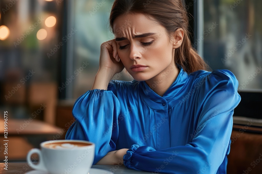 A woman sits at a table with a cup of coffee, perfect for a morning routine or office setting A woman sits at a table with a cup of coffee, perfect for a morning routine or office setting