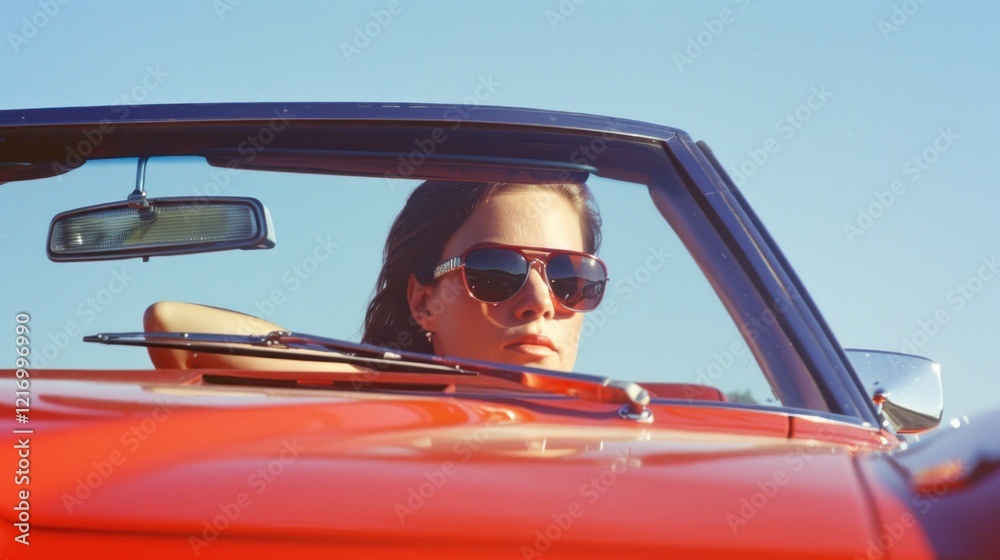 Naklejka premium Serious Lady Behind Wheel Of Red Classic Car
