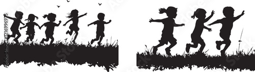 Silhouette of children running in a field vector illustration