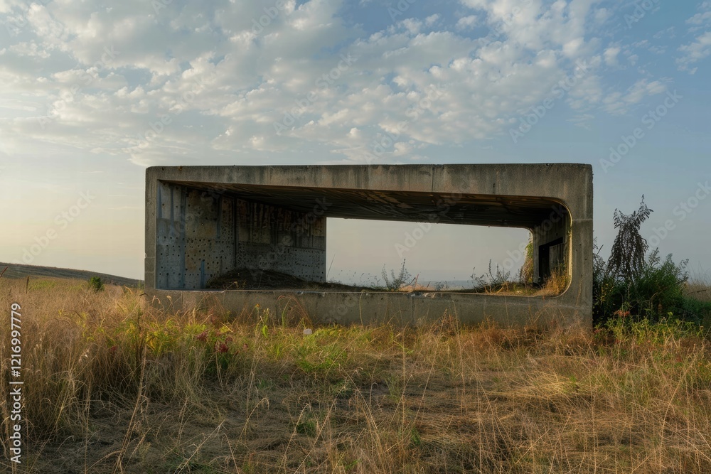 Obraz premium Abandoned concrete war bunker hidden in the forest, with overgrown foliage.
