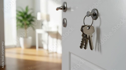 Keys hanging on a door in a bright and modern apartment entrance area