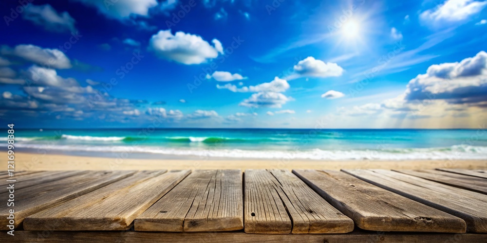 Miniature Beach Scene: Wooden Plank, Blue Sky, Ocean View - Tilt-Shift Photography Miniature Beach Scene: Wooden Plank, Blue Sky, Ocean View - Tilt-Shift Photography
