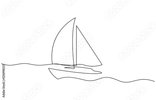 Sailboat continuous one line icon drawing on white background, Sailboat Continuous One Line Drawing. Ship Line Art Sketch Black Drawing Isolated on White Background.