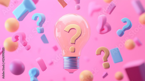 Cartoon-style light bulb with question marks orbiting it, on a pastel-colored background.