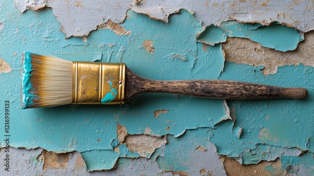 Paintbrush, turquoise paint, peeling wall, renovation