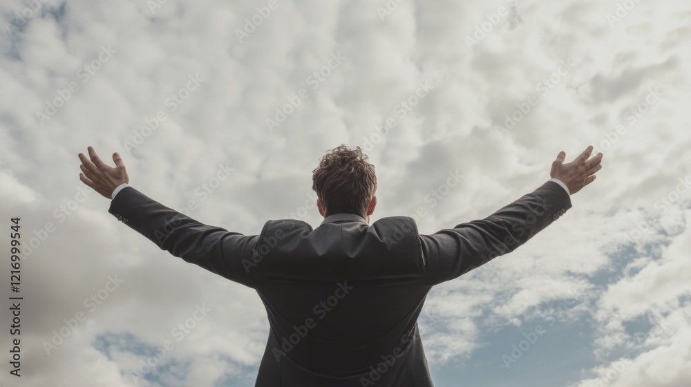 Businessman with arms outstretched against a cloudy sky, expressing freedom and success Businessman with arms outstretched against a cloudy sky, expressing freedom and success