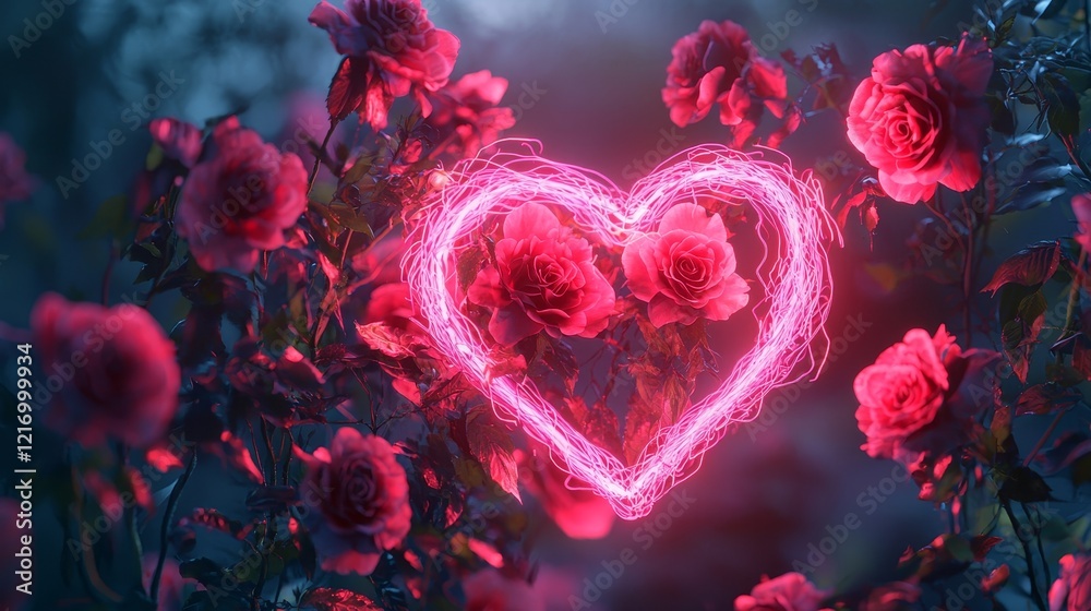 Abstract heart shape made of blooming roses and neon wires, glowing softly in pink and red tones, fantasy style Abstract heart shape made of blooming roses and neon wires, glowing softly in pink and red tones, fantasy style